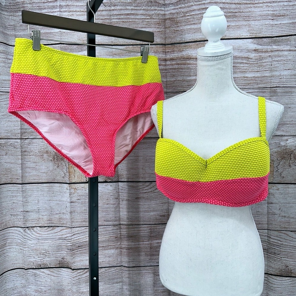 Modcloth Pink and Yellow High Dive Bikini Set Vibrant Swimwear Size 1X